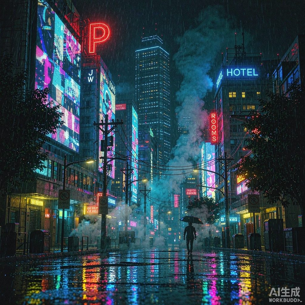 雨夜霓虹街角的赛博朋克插画